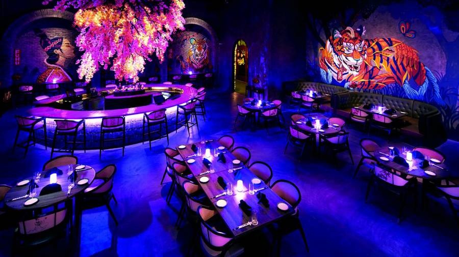 자주색 아우라로 빛나는 식탁이 있는 나이트라이프 건물의 이미지