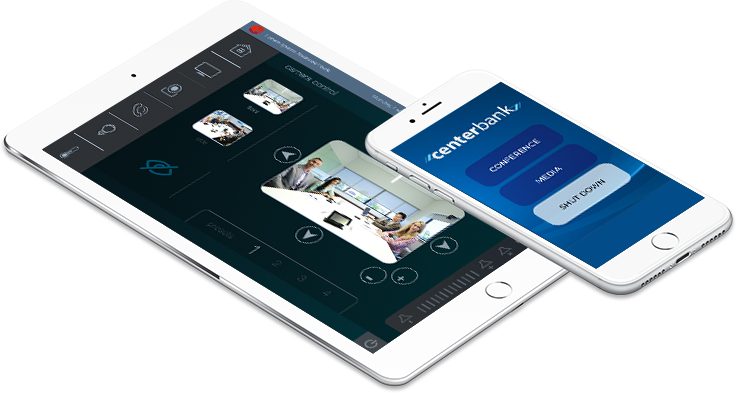 Q-SYS 사용자 인터페이스를 표시하는 태블릿과 스마트폰 모두