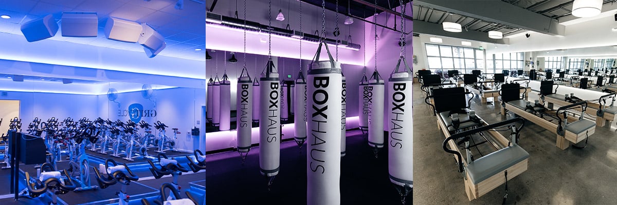 운동용 자전거, 펀칭백, 로잉 머신이 있는 부티크 피트니스 스튜디오 내부의 세 가지 모습