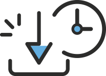 아래쪽을 향한 화살표와 3과 12시에 침이 있는 시계의 그림