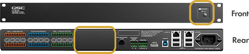 변경 위치를 강조하는 주황색 상자가 있는 Q-SYS Core 110f 의 전면 및 후면 이미지