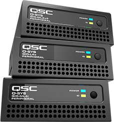 Three Q-SYS QIO Network I/O Expanders stacked on top of eachother