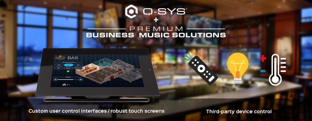 타사 컨트롤 옆에 바에 대한 사용자 지정 컨트롤 인터페이스가 표시되는 Q-SYS 터치 패널 디스플레이