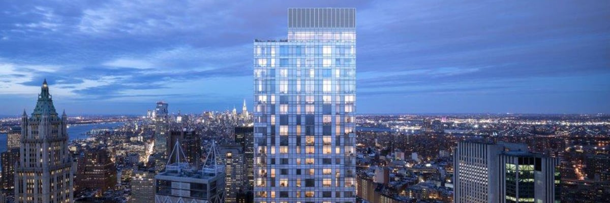 49층짜리 고급 아파트 단지인 9 Dutch, 측면의 항공 야간 샷