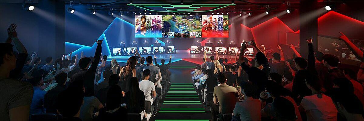 포트리스 아레나에서 e-스포츠 경기를 응원하는 왕관의 컴퓨터 생성 이미지