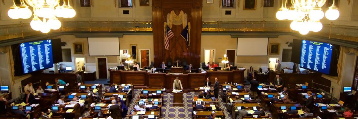 분주한 사우스 캐롤라이나 주 하원 회의실에서 연설하는 하원의원