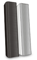 Front left-angled view of two QSC column speaks in back and white color