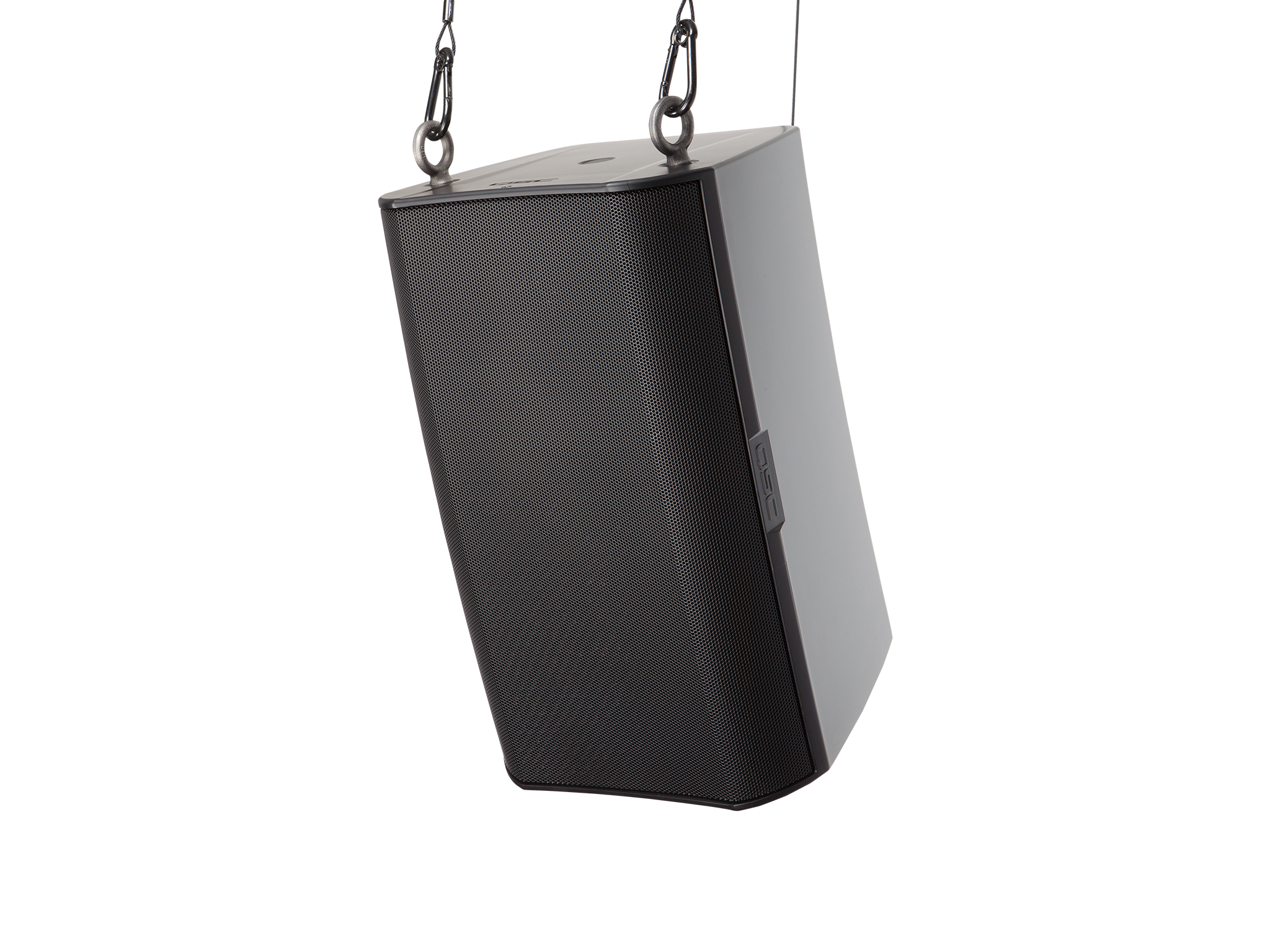 Front Left Angle Image of the Black AD-S10T Loudspeaker with M10 Eyebolt Suspension Kit