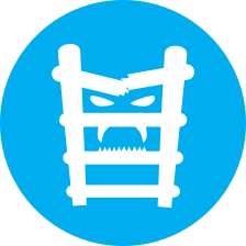 맨 위 단계가 부서지고 화난 얼굴이 뒤에 있는 사다리 아이콘