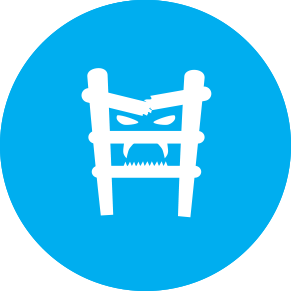 맨 위 단계가 부서지고 화난 얼굴이 뒤에 있는 사다리 아이콘