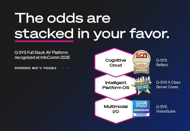 Q-SYS 풀 스택 AV 플랫폼 배너, 표시 텍스트: '여러분에게 유리할 가능성이 높습니다. InfoComm 2025에서 인기 높은 Q-SYS 풀 스택 AV 플랫폼을 만나 보십시오'