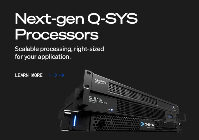 Q-SYS Processing 배너, 표시 텍스트: '차세대 Q-SYS 프로세서; Q-SYS 풀 스택 AV 플랫폼 기반'