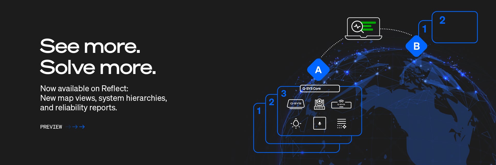 Q-SYS Reflect 배너 텍스트 내용: '더 자세한 정보 확인, 더 많은 문제 해결: 이제 Reflect에서 새로운 지도 보기, 시스템 계층 구조, 신뢰성 보고서를 제공합니다.'