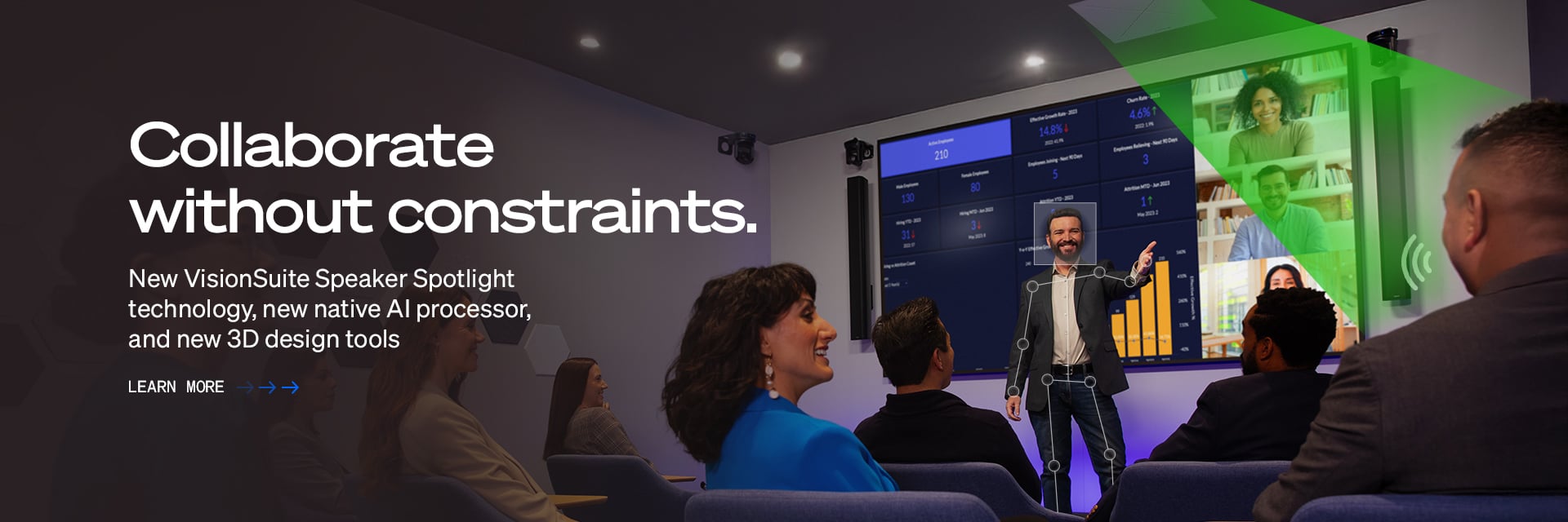 Q-SYS VisionSuite 배너 표시 텍스트: '제약 없는 협업; 새로운 VisionSuite Speaker Spotlight 기술, 새로운 네이티브 AI 프로세서, 새로운 3D 디자인 도구'