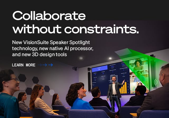 Q-SYS VisionSuite 배너 표시 텍스트: '제약 없는 협업; 새로운 VisionSuite Speaker Spotlight 기술, 새로운 네이티브 AI 프로세서, 새로운 3D 디자인 도구'